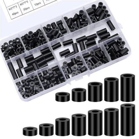 260 Piece Nylon Spacer Kit For Electrical Outlets And Switches M3 And M4 Round Spacers Heavy Duty Durable Screw Sleeves For Screws Bolts Receptacles And DIY Projects Insulated Protective Components, black nylon spacers in organizer