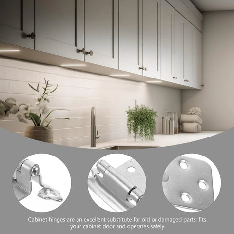 White Nickel Satin Self Closing Cabinet Hinges Set 16 Pieces With Soft Close Dampers displayed in modern kitchen cabinets