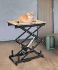 Built Tough Electric Scissor Lift Table Hauls 140 Lbs And Rises From 10 To 50 Inches Like Butter, with a cat on top, in a modern room.