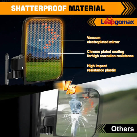 LED Turn Signal Side Mirrors for Golf Carts with 7x5 Inch Glass, featuring shatterproof material comparison.