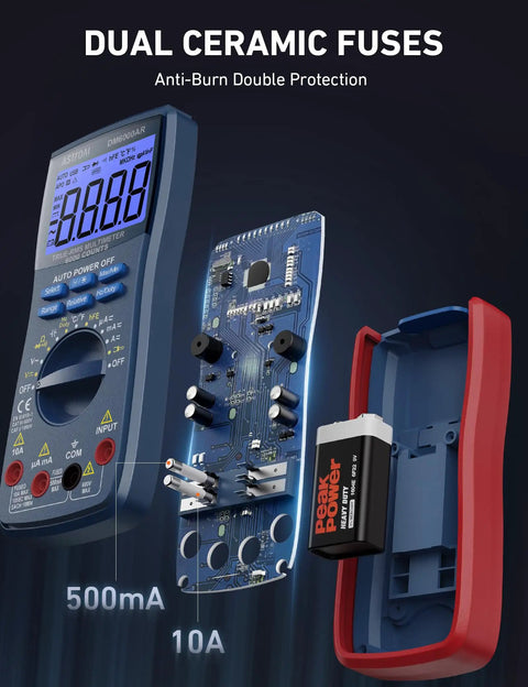 Internal view of Digital Multimeter And Analyzer With TRMS 6000 Counts Auto Ranging Pro Grade showing dual ceramic fuses