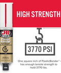 Plastic Bonder Structural Adhesive Syringe Tan 25 ml showing high strength 3770 PSI tensile capacity graphic