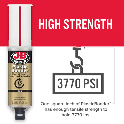 Plastic Bonder Structural Adhesive Syringe Tan 25 ml showing high strength 3770 PSI tensile capacity graphic
