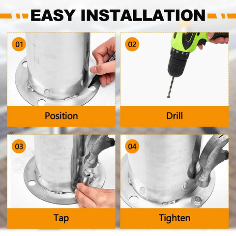 Installation steps for Built Ridiculously Tough Stainless Steel Bollard Posts 31.5 Inch With Anchor Bolts showing positioning, drilling and tightening.