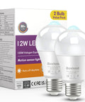 No Brainer Motion Sensor Light Bulbs For Indoor And Outdoor Use 12W 100W Equivalent A19 E26 5000K Daylight Dusk To Dawn Motion Activated Lighting For Front Door Porch Garage Basement Hallway 2 Pack, box and bulbs