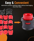 Fork Seal Driver Tool Kit For Motorcycles And Bikes Pro Grade 14 Piece Set With Adapters, red and black parts shown.