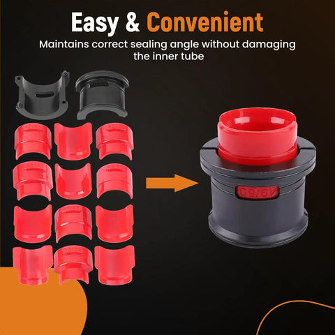 Fork Seal Driver Tool Kit For Motorcycles And Bikes Pro Grade 14 Piece Set With Adapters, red and black parts shown.