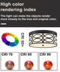 Color rendering diagram with Drum Flush Mount LED Ceiling Light Dimmable Fixture beside CRI 90+ chart and apple images