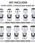 Three Eighths Inch Drive Universal Joint Socket Set with 6 point metric flex sockets and swivel head, 10mm to 19mm, 10-piece set