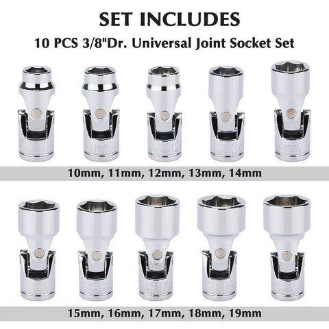 Three Eighths Inch Drive Universal Joint Socket Set with 6 point metric flex sockets and swivel head, 10mm to 19mm, 10-piece set