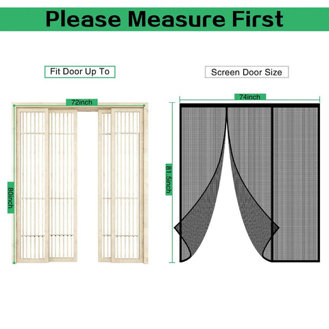 Diagram showing dimensions for Magnetic Screen Door With Self Sealing Design, 72x80 inch doors, 74x81.5 inch black mesh, sliding entry.