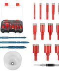 17-piece diamond hole saw drill-bit set with red bits, blue pilot bits, and hard storage case.