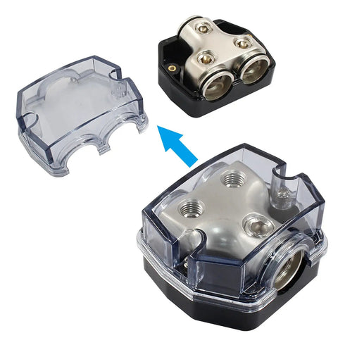 Two Way Power Ground Distribution Block for Car Audio, 0 Gauge Wiring, Heavy Duty Alloy Build With 1 Input and 2 Output Terminals, Simple Install, Reliable Ground and Power Split for Amp System, clear cover