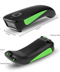 Pocket 1D Barcode Scanner with Bluetooth USB and 2.4G Wireless 3 in 1 Connection for tablets, phones, and POS systems shown front and back