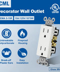 CML white decorator wall outlet with 15A/125V rating, NEMA 5-15R, UL listed, durable polycarbonate, brass contacts, fireproof housing.