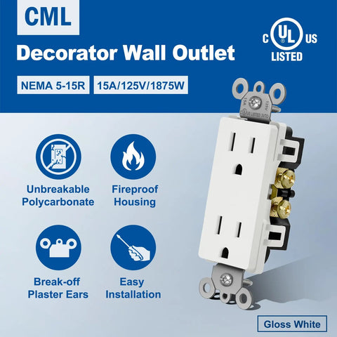 CML white decorator wall outlet with 15A/125V rating, NEMA 5-15R, UL listed, durable polycarbonate, brass contacts, fireproof housing.