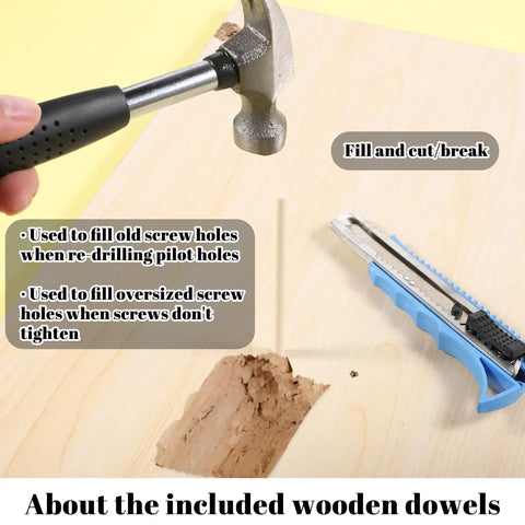 Top Shelf Door Strike Shim Plates With Stainless Steel Spacers Deadbolt Restorer Alignment Kit And Reinforcement Backplate For No Fuss Home Office Door Realignment, hammer and utility knife on wood surface.