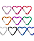 Assorted Heart Shaped Carabiner Clips in various colors, aluminum alloy, for keys and gear, ideal for camping and hiking.