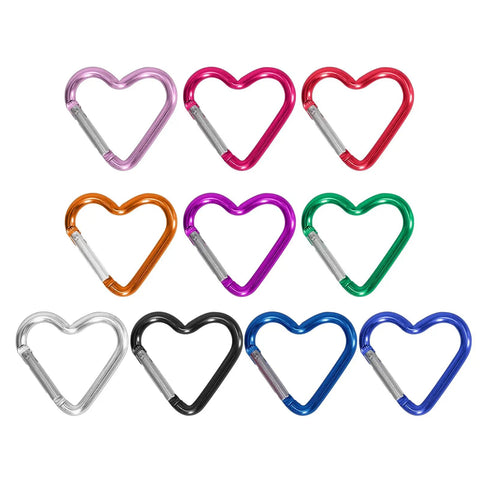 Assorted Heart Shaped Carabiner Clips in various colors, aluminum alloy, for keys and gear, ideal for camping and hiking.