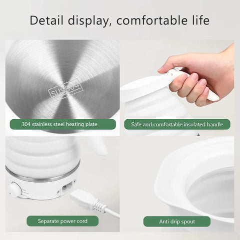 Travel Foldable Electric Kettle With Collapsible Food Grade Silicone 700ml Capacity Fast 850W Boiling For Tea And Coffee On The Go 110V Portable White Design, showing stainless steel heating plate, insulated handle, and power cord.