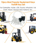 6 forklifts surrounding 12 Heavy Equipment Forklift Keys Master Set On One Ring, Ignition And Access Keys for major brands