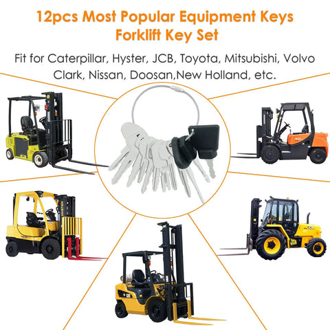 6 forklifts surrounding 12 Heavy Equipment Forklift Keys Master Set On One Ring, Ignition And Access Keys for major brands