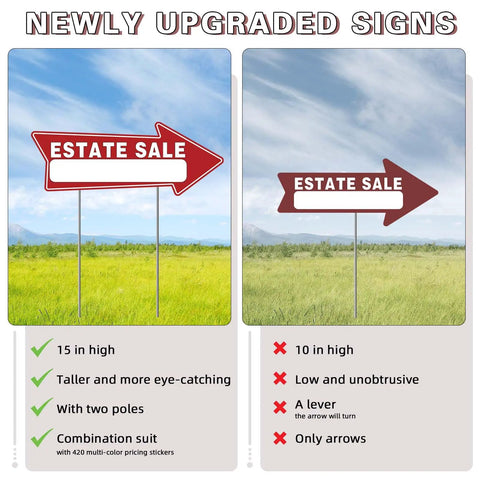 Estate Sale Signs Kit With Double Sided Arrows And Metal Stakes Includes Large And Small Signs Neon Fluorescent Pricing Stickers And SelfAdhesive Labels Go-To Yard Sale Directional Signage For Quick Customer Traffic. 15 in high arrow sign with metal stakes