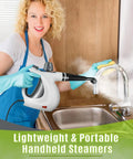 Straight Up Pressurized Handheld Steam Cleaner With Twelve Quick Swap Attachments used by a woman to clean faucet.