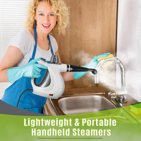 Straight Up Pressurized Handheld Steam Cleaner With Twelve Quick Swap Attachments used by a woman to clean faucet.