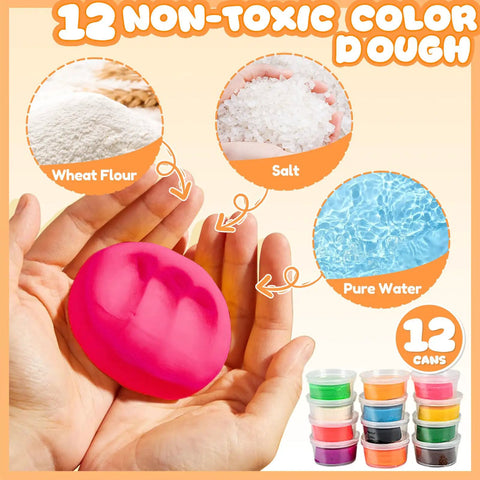Hands holding pink dough next to ingredients and 12 color dough cans from 3 In 1 Color Dough Kitchen Creations Set With Ice Cream Maker Spaghetti And Burger Tools Art Craft Food Modeling Toys Accessories Kit For Boys Girls Kids Toddlers Ages 3 Plus Includes 12 Color Dough