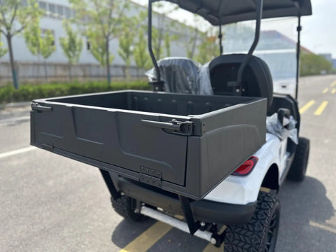 Rear view of Two Seater Electric Golf Cart With 48V Lithium Battery And Heavy Duty Plastic Bed showing cargo bed in black.