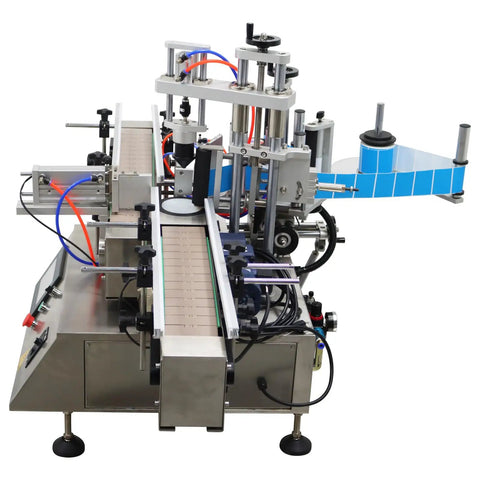 No Drama Fully Automatic Desktop Labeler With Smart Touch Interface For Round Square And Hex Containers Crushes Labels With Flawless Precision At 15 To 60 Per Minute Using Standard 110v Power showcasing stainless steel design and multiple components.