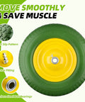 Flat Free Wheelbarrow Tire Replacement Universal Fit 4.80 4.00 8 Inch Solid No Air Industrial Grade, green tire with yellow rim