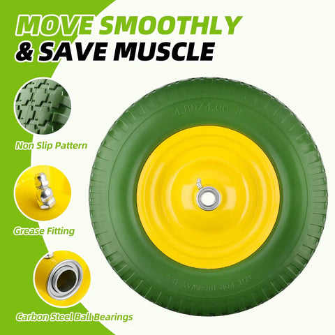 Flat Free Wheelbarrow Tire Replacement Universal Fit 4.80 4.00 8 Inch Solid No Air Industrial Grade, green tire with yellow rim