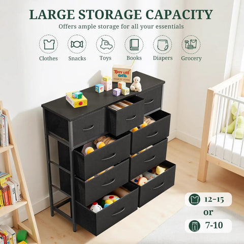 Roomy 9 Drawer Dresser With Wooden Top And Metal Frame Dope Anti Tip Tall Storage Chest in nursery loaded with toys