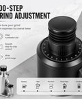Badass Electric Burr Coffee Grinder With 80mm Flat Burrs And Single Dose Setup For Knocking Out Espresso Daily, showing 100-step grind adjustment dial.