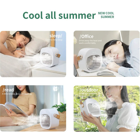Collage of Cordless Mini AC With 6000mAh Battery in use at home, office, and outdoors, showing versatility and cool air distribution.