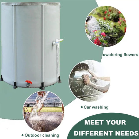 250L Portable Rainwater Collection Barrel With Stand And Tap For Garden, shown with uses like watering flowers and car washing.