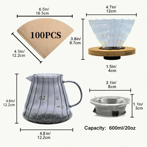 Go To Pour Over Coffee Maker Set With 20oz Borosilicate Glass Carafe Bamboo Base And Spiral Stand V Shaped Dripper 100 Paper Filters Plastic Free Manual Brewer