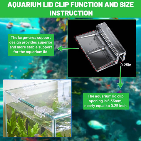 Built Different Acrylic Fish Tank Lid Clips Six Pack Crystal Clear Rimless Aquarium Cover Brackets for 5 to 6 Millimeter Glass close-up on clip function with size instruction.