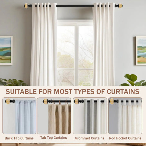 1 Inch Adjustable Curtain Rod Set With Dope Luxury Crystal Translucent Finials In Black Gold Extends From 28 To 52 Inches Heavy Duty Up To 50 Lbs Modern Bedroom And Living Room Window Decor displayed with various types of curtains.