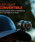 Mycro 900 Lumen Headlamp With Turbo Mode shown as cap light on baseball cap in outdoor setting