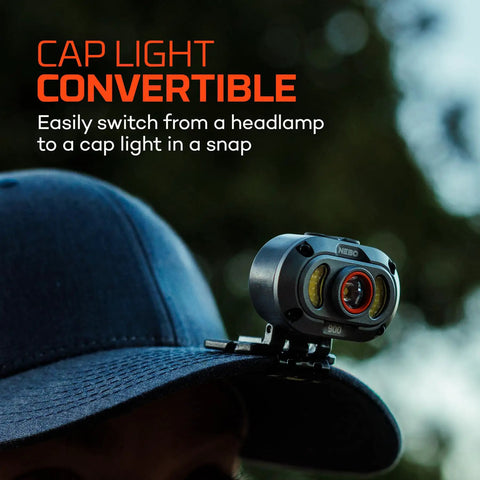 Mycro 900 Lumen Headlamp With Turbo Mode shown as cap light on baseball cap in outdoor setting