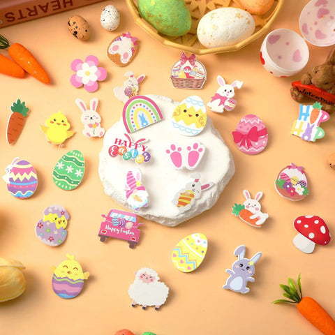 Absolutely Iconic 36 Piece Acrylic Easter Pins Bulk Kit Packing Mega Cute Bunny And Bright Egg Lapel Brooches For Epic Spring Festivities arranged on a pastel background.