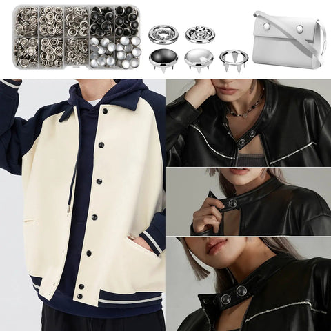 Killer Grade Pearl Snap Button Kit With Pro Fastener Plier For Jackets And Hats Including White And Black Five Prong Fasteners For Hella Simple Sewing Free Fabric Repairs And Custom Apparel Design, featuring pearl snaps and jackets.