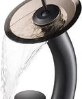 Tall Waterfall Vessel Sink Faucet In Oil Rubbed Bronze With Clear Brown Glass Disk And Pop Up Drain