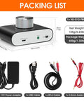 Mini Pocket Bluetooth 5.0 Amp Delivers 100W Stereo Output, 50W Per Channel, With AUX USB Input, Bluetooth Receiver, shown with accessories