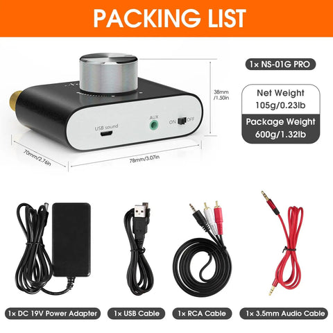 Mini Pocket Bluetooth 5.0 Amp Delivers 100W Stereo Output, 50W Per Channel, With AUX USB Input, Bluetooth Receiver, shown with accessories