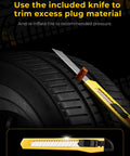 Knife trimming excess plug material on tire, part of Pro Grade Tire Repair Kit With Plugs For Punctures And Flats, Heavy Duty Flat Tire Fix For Cars