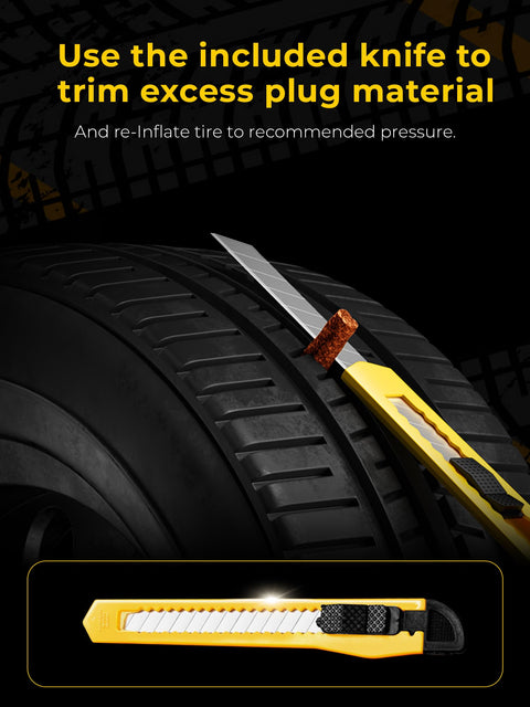 Knife trimming excess plug material on tire, part of Pro Grade Tire Repair Kit With Plugs For Punctures And Flats, Heavy Duty Flat Tire Fix For Cars